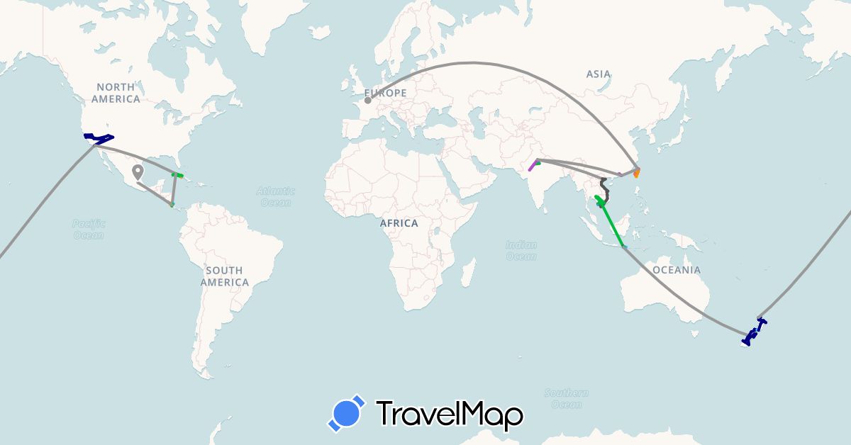 TravelMap itinerary: driving, bus, plane, train, boat, hitchhiking, motorbike in China, Costa Rica, Cuba, France, Hong Kong, Indonesia, India, Cambodia, Mexico, New Zealand, Taiwan, United States, Vietnam (Asia, Europe, North America, Oceania)